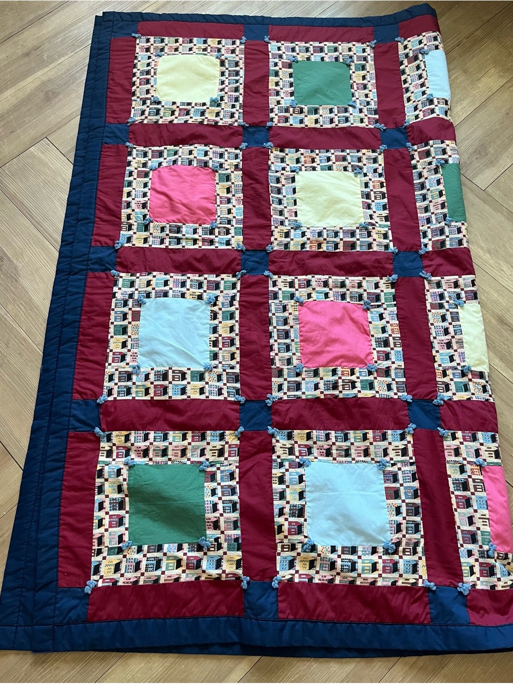 Vintage Hand Made Color Block Quilt Featuring Houses 55" x 68"